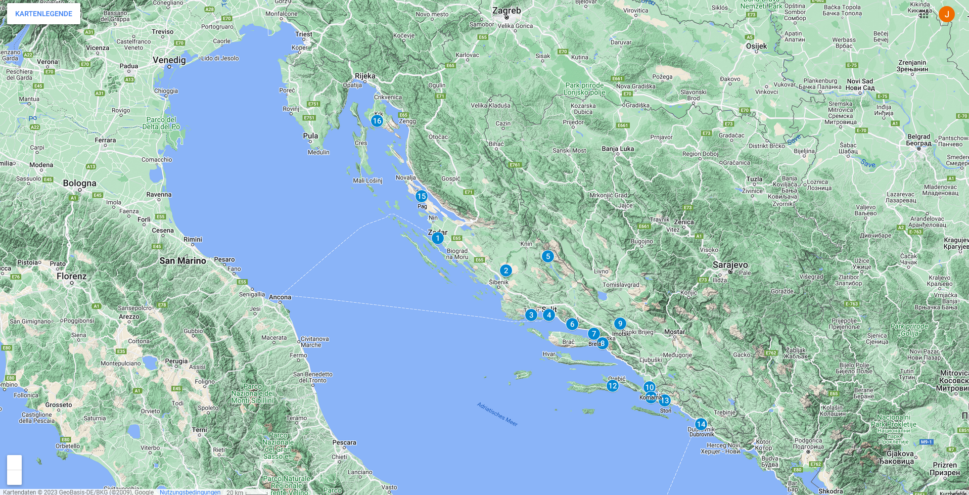 Reiseroute Dalmatien auf der Google Landkarte