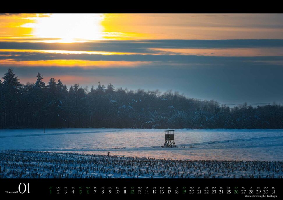 Monatsblatt Januar des Wandkalenders Westerwald 2025: Winterstimmung bei Freilingen