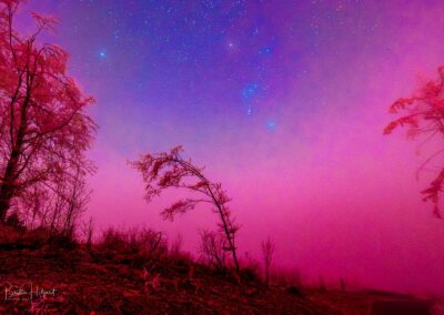 Winterliche Landschaft des Westerwald mit magentarfarbenen Polarlicht